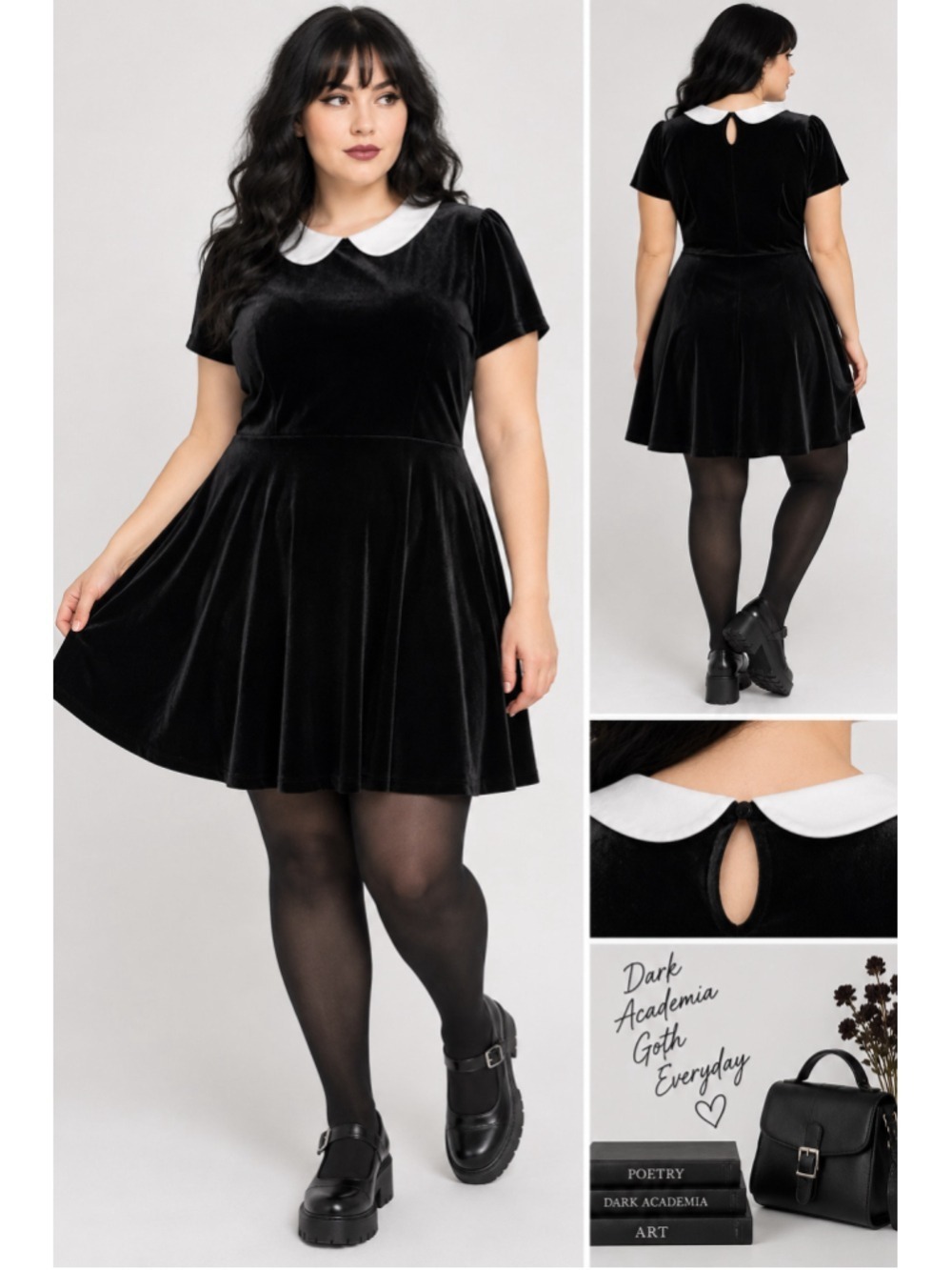 Hot Topic Size 1 Black Velvet Peter Pan Collar Dress Wednesday Addams Goth